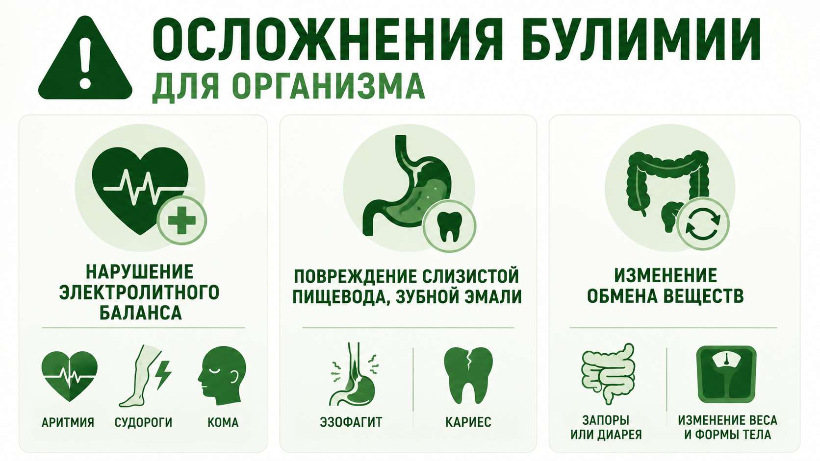 Схема с основными осложнениями булимии: нарушение электролитного баланса, повреждение слизистой пищевода и зубной эмали, а также изменение обмена веществ.